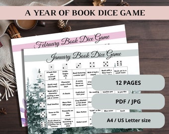 A Year of Book Dice Game, TBR Game, Reading Challenge, What To Read Next Game Printable, Book Lover Gift, Bookworm Gift