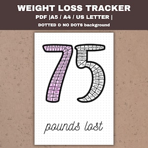 May include: A weight loss tracker with the text "WEIGHT LOSS TRACKER" at the top. The design features the number "75" with a measurement guide, and the words "pounds lost" at the bottom. The background is dotted.