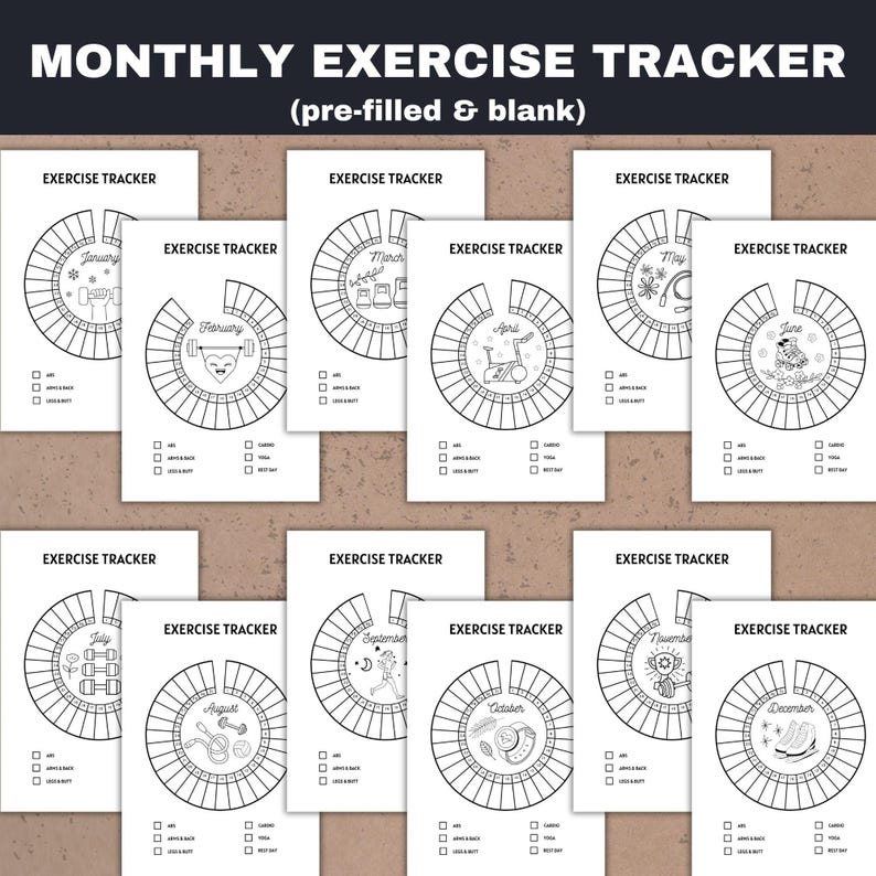 monthly exercise tracker for each month - pre-filled and blank