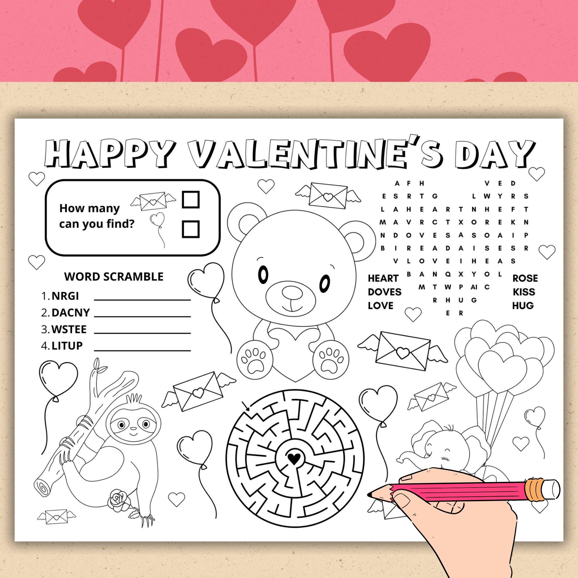 Valentines Activity Placemat Printable Valentines Activity for Kids ...