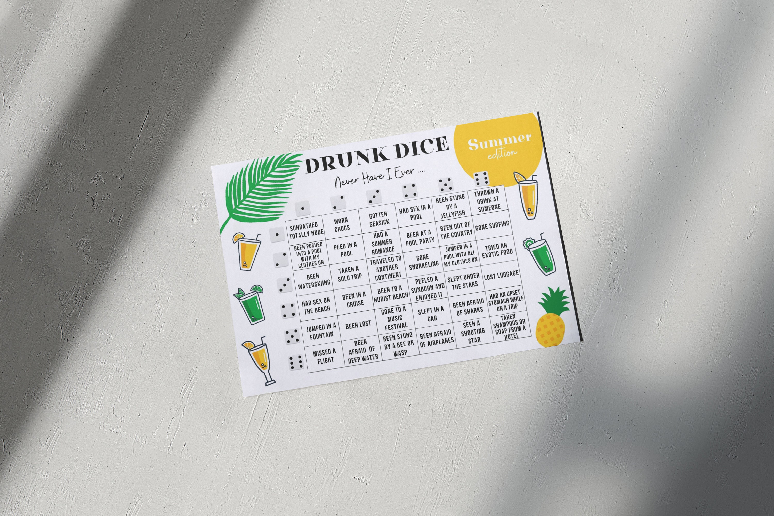 Drunk Dice Never Have I Ever Summer Printable Drinking Board Game Drink ...