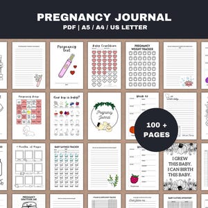 Printable Pregnancy Journal and Planner with over 100 pages, including weekly and monthly planners, journal prompts, memory pages, weight tracker, baby size chart, health pages, and fun extras for first-time moms, experienced mums, and expecting parents.