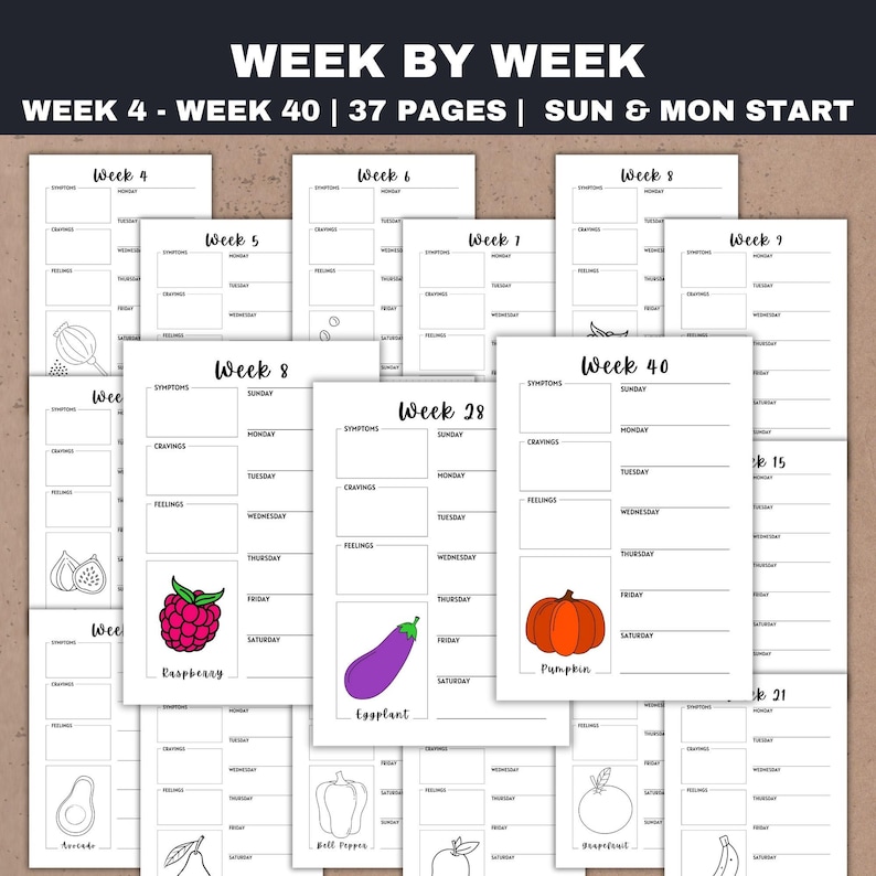 Pode incluir: Um conjunto de p&aacute;ginas de planejador semanal brancas com o texto "Week by Week" e "Week 4 - Week 40". Cada p&aacute;gina tem se&ccedil;&otilde;es para sintomas, desejos e sentimentos, com ilustra&ccedil;&otilde;es de frutas e vegetais.