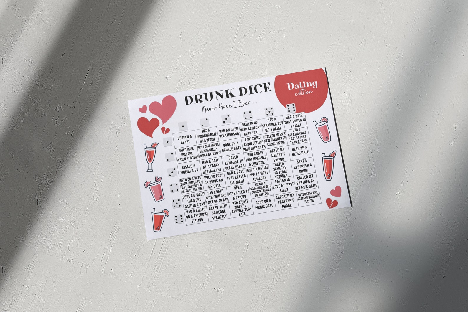 Drunk Dice Never Have I Ever Dating Questions Printable Drinking Game Drink If Adult Party Game