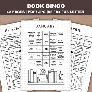 Pagina del diario della sfida di lettura mensile del bingo dei libri Pagina del diario di lettura del gioco TBR stampabile Pagina del pianificatore dei proiettili Pagina punteggiata del bingo dei libri