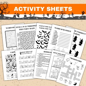 Halloween activity oages: wordsearch, mazes, word scramble, crossword, spot the cat, i spy, riddles, spot the difference, find the correct shadow