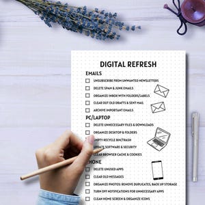 May include: A checklist with a black and white design for digital refresh. The checklist includes categories for emails, PC/laptop, and phone. Each category has a list of tasks to complete, such as unsubscribing from unwanted newsletters, deleting spam and junk emails, organizing inbox with folders/labels, clearing out old drafts and sent mail, archiving important emails, deleting unnecessary files and downloads, organizing desktop and folders, emptying recycle bin/trash, updating software and security, clearing browser cache and cookies, deleting unused apps, clearing old messages, organizing photos, removing duplicates, backing up storage, turning off notifications for unnecessary apps, and cleaning home screen and organizing icons.