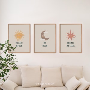 Sun Moon Stars Print Set, Kids Room Wall Art Set of 3, Nursery Wall Decor, Neutral Baby Room Art, Modern Children Print, Digital Download