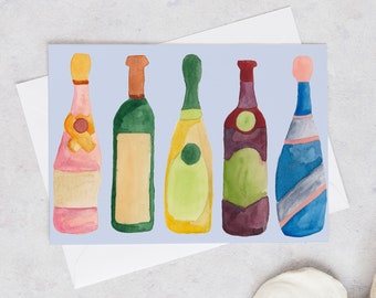 Cute Wine and Champagne Bottles Greeting Card, Any Occasion Card, Watercolour Illustration, Cute Greeting Card, Celebration Card