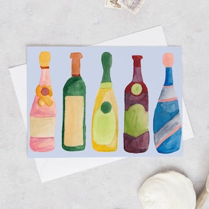 Niedliche Wein und Champagner Flaschen Grußkarte, jede Anlass Karte, Aquarell Illustration, süße Grußkarte, Feier Karte