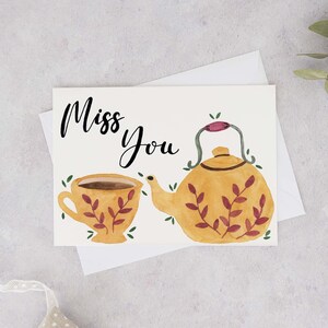 Tu me manques, jolie carte, tu penses à toi, carte de voeux aquarelle, jolie carte tasses à thé, peinture tasse à thé, tasses à thé vintage