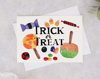 Trick Or Treat Halloween Card, Watercolour Halloween Card, Watercolour Halloween Candy, Cute Halloween Candy Card, Handmade Halloween Card