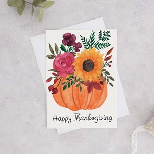 Happy Thanksgiving-Karte, Aquarell Kürbis Blumenarrangement Karte, handgemachte Thanksgiving-Karte, Karte für Thanksgiving, süße Kürbiskarte