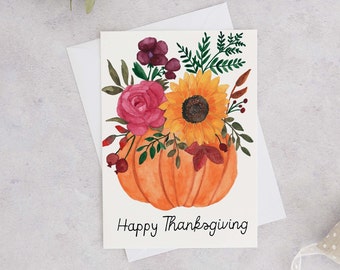 Happy Thanksgiving Card, Watercolour Pumpkin Floral Arrangement Card, Handmade Thanksgiving Card, Card for Thanksgiving, Cute Pumpkin Card