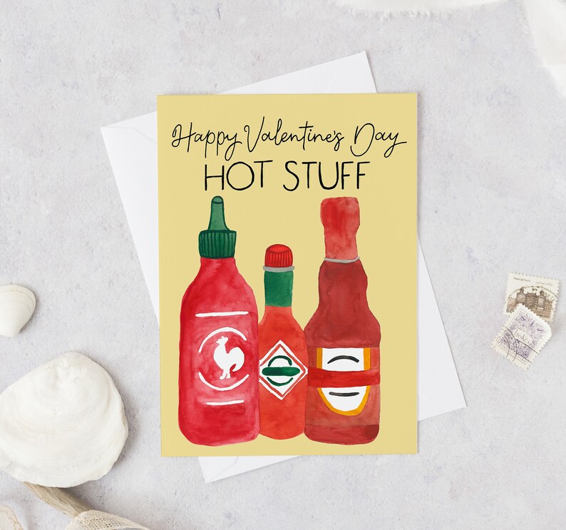 Happy Valentine's Day Hot Stuff Card, Valentine's Day Card, Hot Sauce Card, Funny Valentine's Day Card, Spicy Valentine's Day, Sriracha image 1