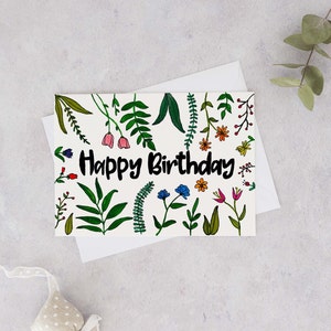 Happy Birthday, Birthday Card, Watercolour Birthday Card, Botanical Birthday Card, Floral Birthday Card