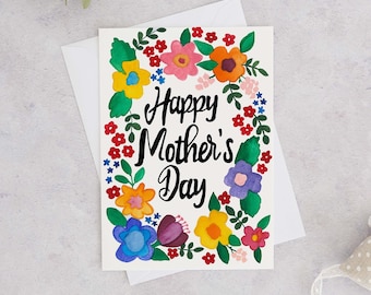 Tarjeta botánica para el Día de la Madre, tarjeta floral para el Día de la Madre, tarjeta de acuarela para el Día de la Madre, tarjeta hecha a mano para el Día de la Madre.