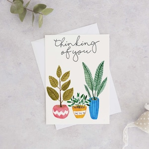 Je pense à toi carte, carte aquarelle pense à toi, pense à toi plantes en pot, carte de plantes en pot, mignon pense à toi, tu me manques
