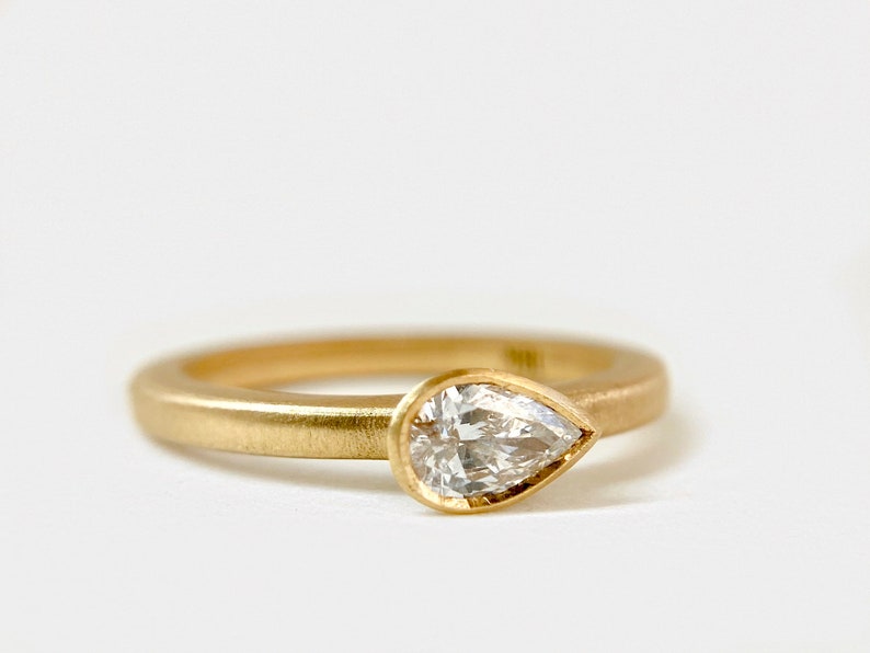 Pear Diamond Ring in 18K Yellow Gold, Bezel Set Pear Diamond Ring, Wedding Anniversary Gold Ring, Gifts for Her image 4