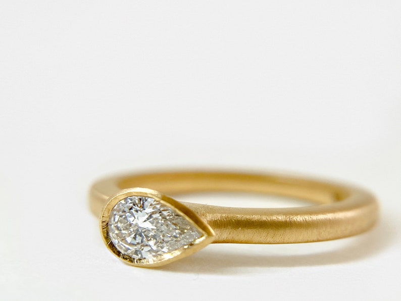 Pear Diamond Ring in 18K Yellow Gold, Bezel Set Pear Diamond Ring, Wedding Anniversary Gold Ring, Gifts for Her image 2