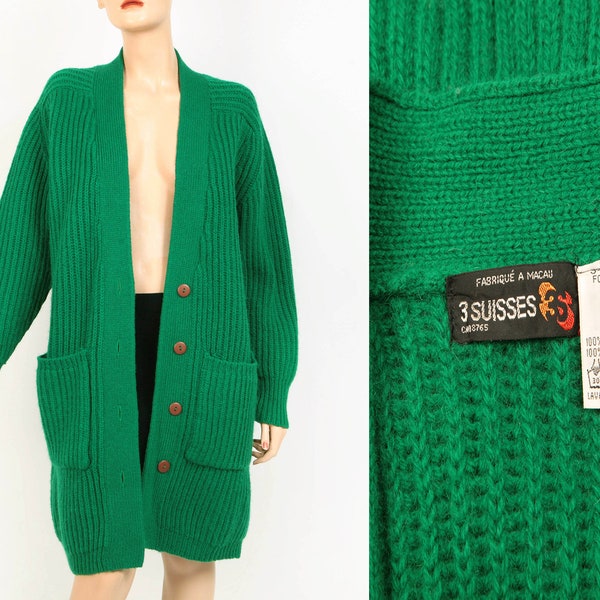 Long vintage wool cardigan 1980, Thick apple green wool coat, Small/Medium