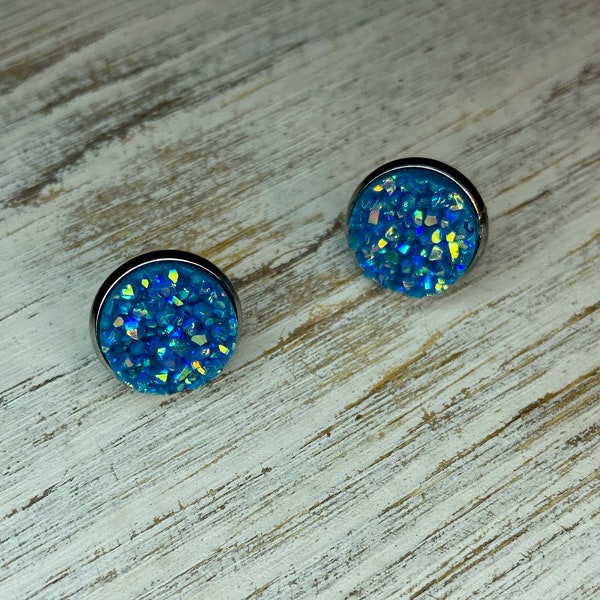 12 mm Turquoise Druzy Stud Earrings, Druzy Cabochons, Druzy Stud, Druzy Stud Earrings, Jewelry