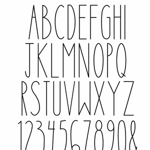 May include: A black and white alphabet and numbers font with a simple, modern design. The letters are all uppercase and the numbers are in a standard font.