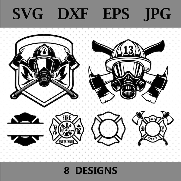 Fire Dept SVG, 8 Firefighter Logos in Bundle, Fireman Department png eps dxf, Fire set Maltese Cross