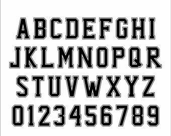 May include: Black varsity-style alphabet and number set, including letters A through Z and numbers 0 through 9. Each character is outlined in white, with a bold, blocky font. The characters are displayed on a white background.