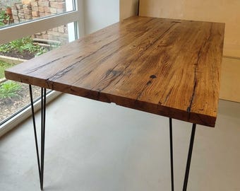 Tavolo in Rovere Antico 170x88 cm | Patina Nera | Resina | Legno Massello | Fatto a Mano