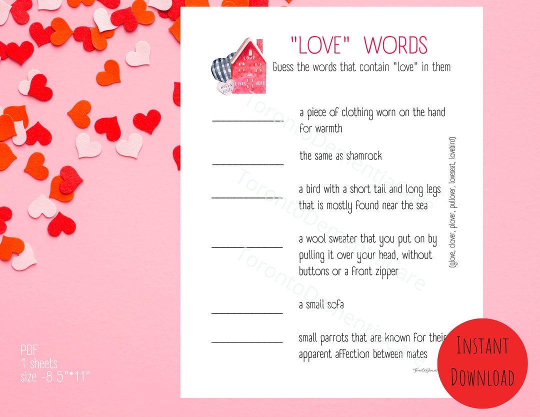 Love Words Game, Guess the Word, Dementia Activities, Elderly Printable