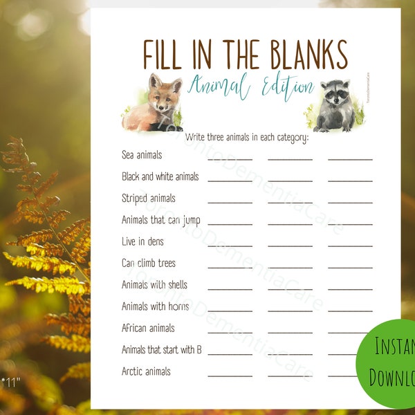 Fill in the Blanks, Animals, Words Game, Dementia Activities, Elderly Printable Activities, Alzheimer's, PDF, Instant Download