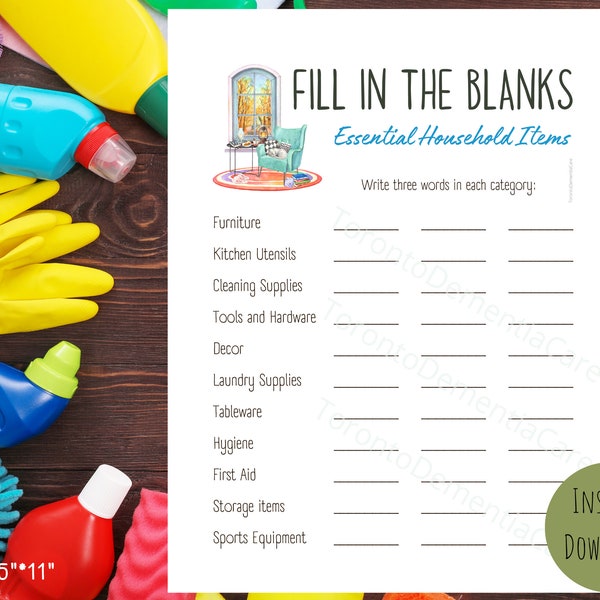 Essential Household Items, Fill in the Blanks, Words Game, Dementia Activities, Elderly Printable Activities, Alzheimer's, PDF, Digital File