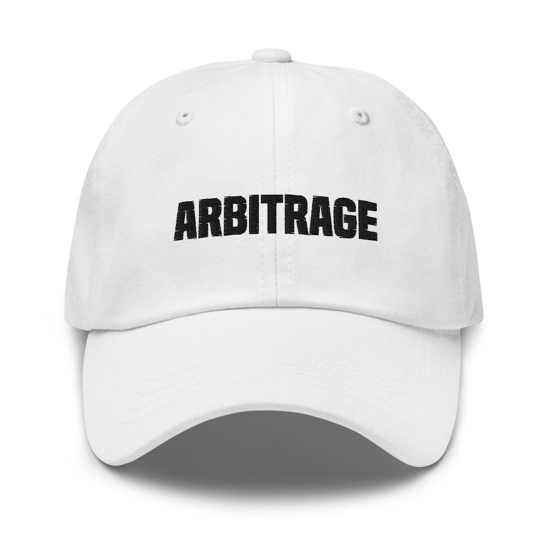 May include: White baseball cap with black embroidered text that reads "ARBITRAGE".
