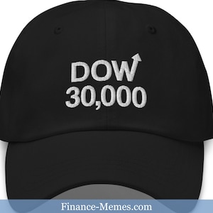 May include: Black baseball cap with white embroidered text "DOW 30,000" and an upward pointing arrow.