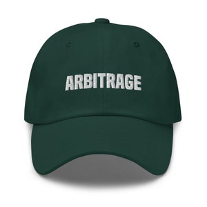 May include: A dark green baseball cap with the word "ARBITRAGE" embroidered in white on the front.