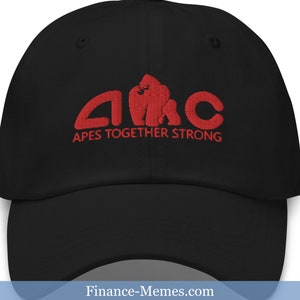May include: Black baseball cap with a red embroidered logo that says "AMC APES TOGETHER STRONG" and features a gorilla silhouette.