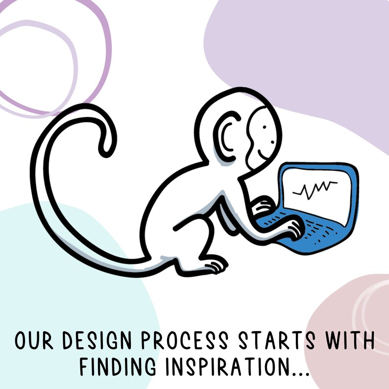 May include: A cartoon monkey sits on a white background and uses a blue laptop with a wavy line on the screen. The text "OUR DESIGN PROCESS STARTS WITH FINDING INSPIRATION..." is below the monkey.