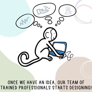 May include: A cartoon monkey sitting on a white background, using a laptop computer. The monkey is thinking about ideas, as shown by thought bubbles above its head. The text "ONCE WE HAVE AN IDEA, OUR TEAM OF TRAINED PROFESSIONALS STARTS DESIGNING!" is at the bottom of the image.