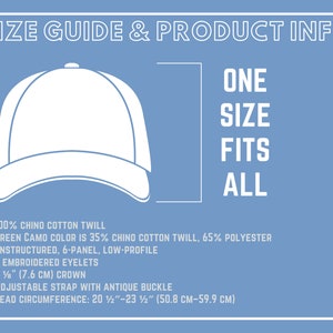 May include: A white baseball cap with a green camo colour. The cap is unstructured, 6-panel, and low-profile. It has 6 embroidered eyelets, a 7.6 cm crown, and an adjustable strap with an antique buckle. The head circumference is 50.8 to 59.9 cm. One size fits all.