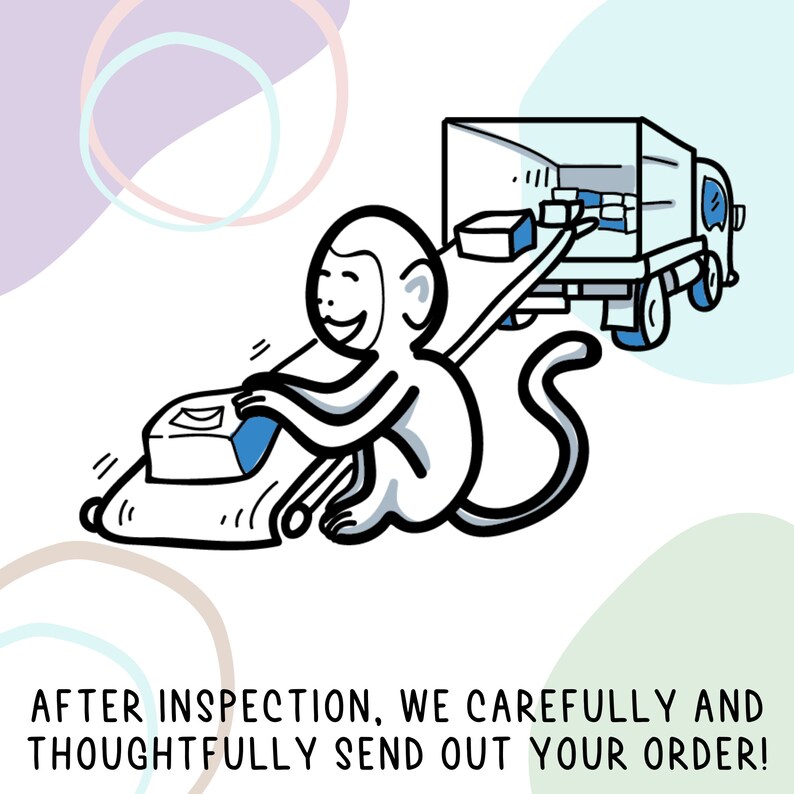 May include: A cartoon monkey pushing a small delivery truck with a package on the back. The text below the image reads "After inspection, we carefully and thoughtfully send out your order!"