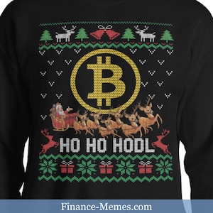 May include: Black sweatshirt with a festive, pixelated design. Features a gold Bitcoin symbol, Santa in a sleigh pulled by reindeer, and the text "HO HO HODL". Includes Christmas trees, bells, and gift box patterns.