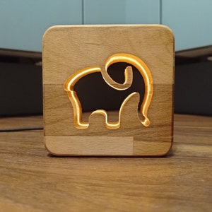 Elephant decorative wooden LED night light / table light, elephant, LED night light, decorative wooden night light, 9.5 cm, USB-C