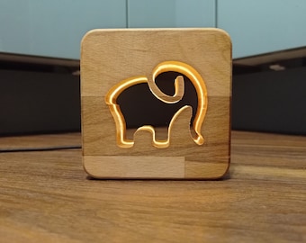 Veilleuse LED décorative en bois éléphant / lampe de table, éléphant, veilleuse LED, veilleuse décorative en bois, 9,5 cm, USB-C