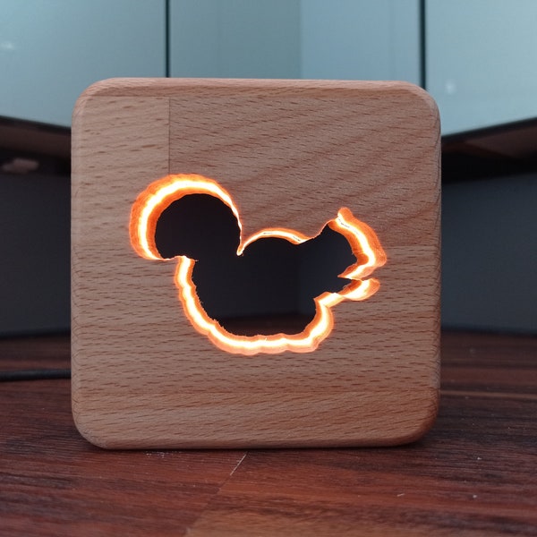 Eichhörnchen Holz Deko - Eichörnchen Deko Holz LED Nachtlicht - Eichhörnchen Deko Holz Tischlicht - Squirrel LED - Holz Deko - USB-C