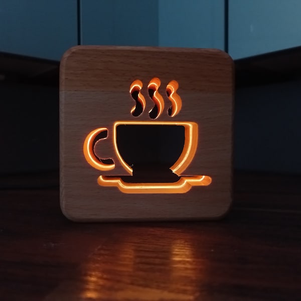 Kaffee Deko Holz LED Nachtlicht / Tischlicht, aus Holz (Buche), Kaffee Tasse , Kaffee, Cafe, 9,5 cm, USB-C