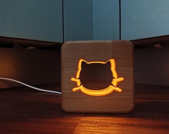 Katze Deko Holz LED Nachtlicht / Tischlicht-Katze Deko-Holz Deko-LED Nachlicht- Lampe, USB-C