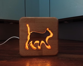 Katze Deko Holz LED Nachtlicht / Tischlicht-Katze Deko-Holz Deko-LED Nachlicht- Lampe, USB-C