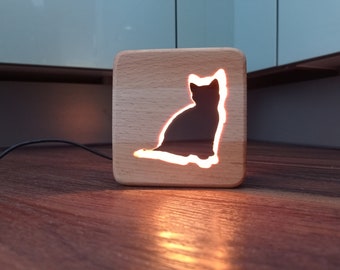 Katze Deko Holz LED Nachtlicht / Tischlicht-Katze Deko-Holz Deko-LED Nachlicht- Lampe, USB-C