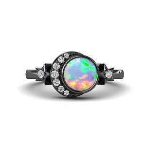 Black Rhodium Over Silver White Fire Opal Celestial Ring Crescent Moon Ring Opal Engagement Ring for Women Unique Star Ring Moon Phase Ring